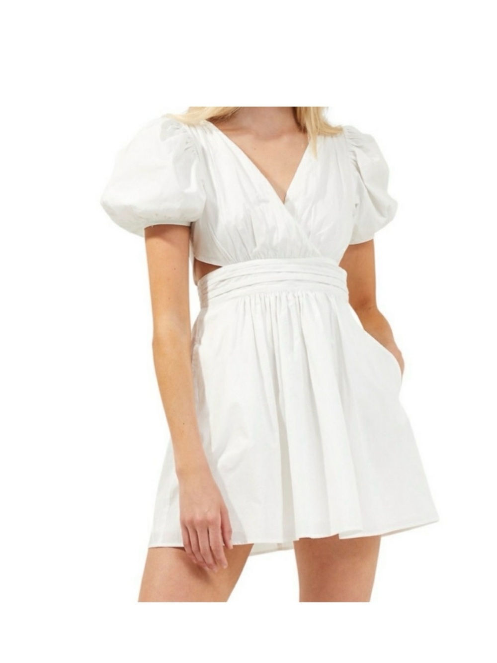 French Connection White Puff-Sleeve V-Neck Mini Dress
